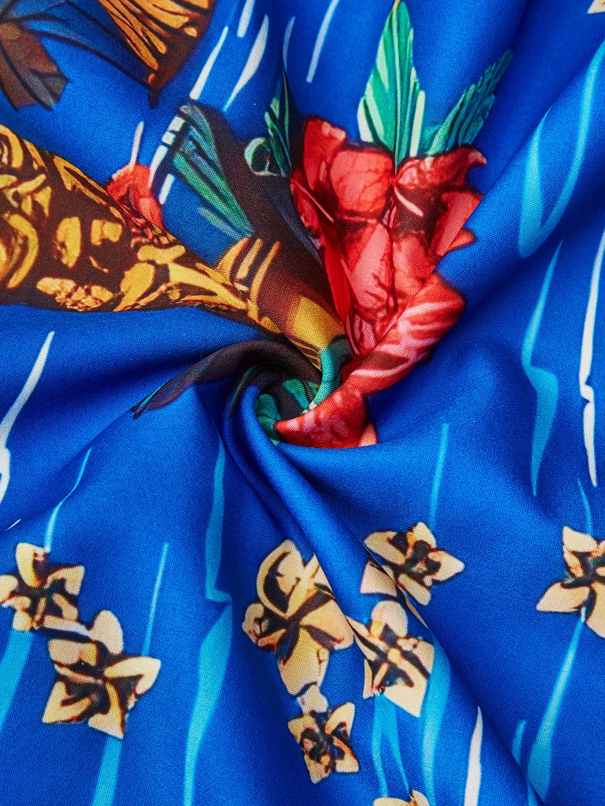 Royaura Hawaiian Plant TIKI Print Men's Button Pocket Short Sleeve Shirt