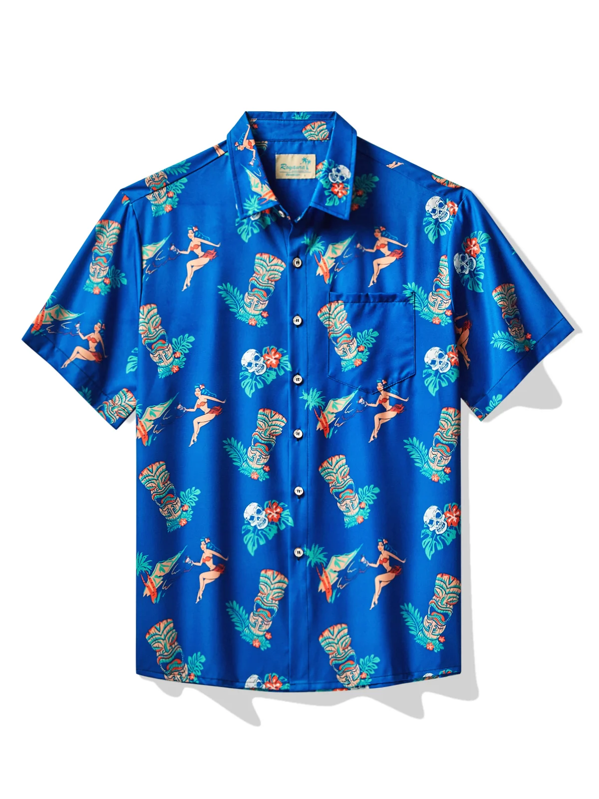 Royaura® Hawaiian Tiki Print Men's Button Pocket Short Sleeve Shirt