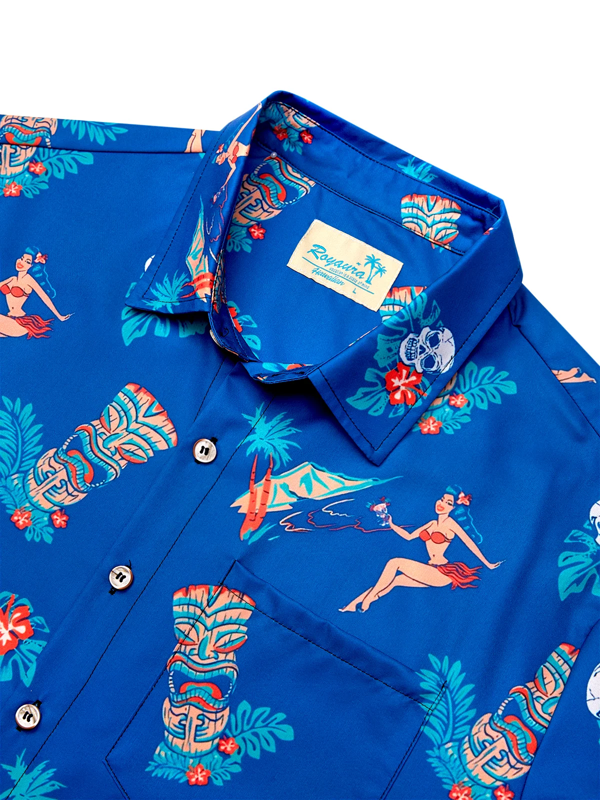 Royaura® Hawaiian Tiki Print Men's Button Pocket Short Sleeve Shirt