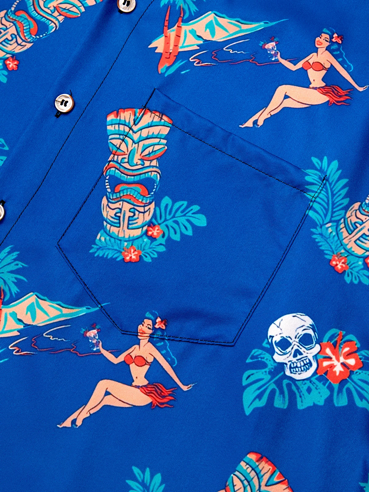 Royaura® Hawaiian Tiki Print Men's Button Pocket Short Sleeve Shirt