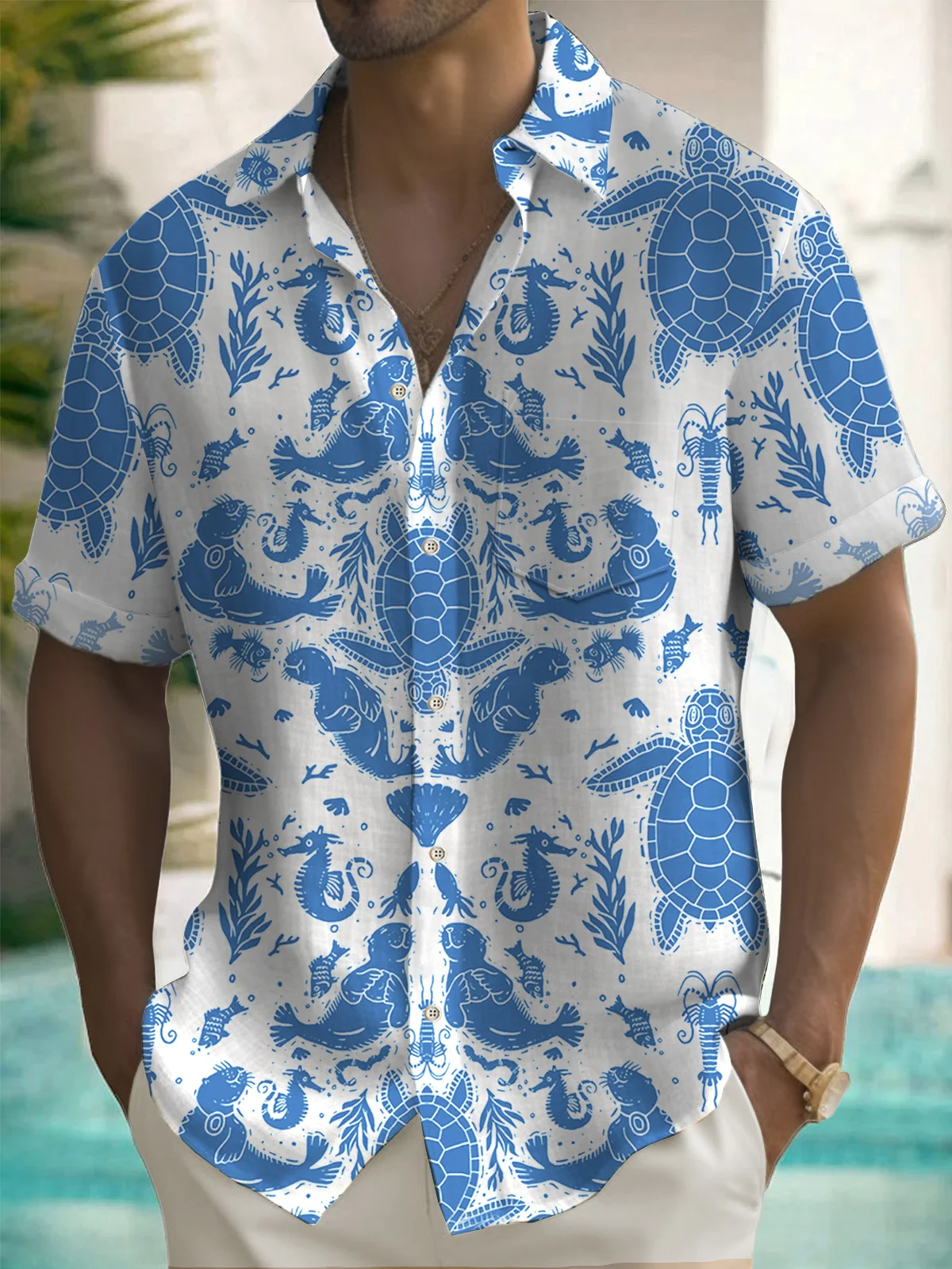 Royaura® Hawaiian Monk Seal Dolphin Print Men's Button Pocket Short Sleeve Shirt