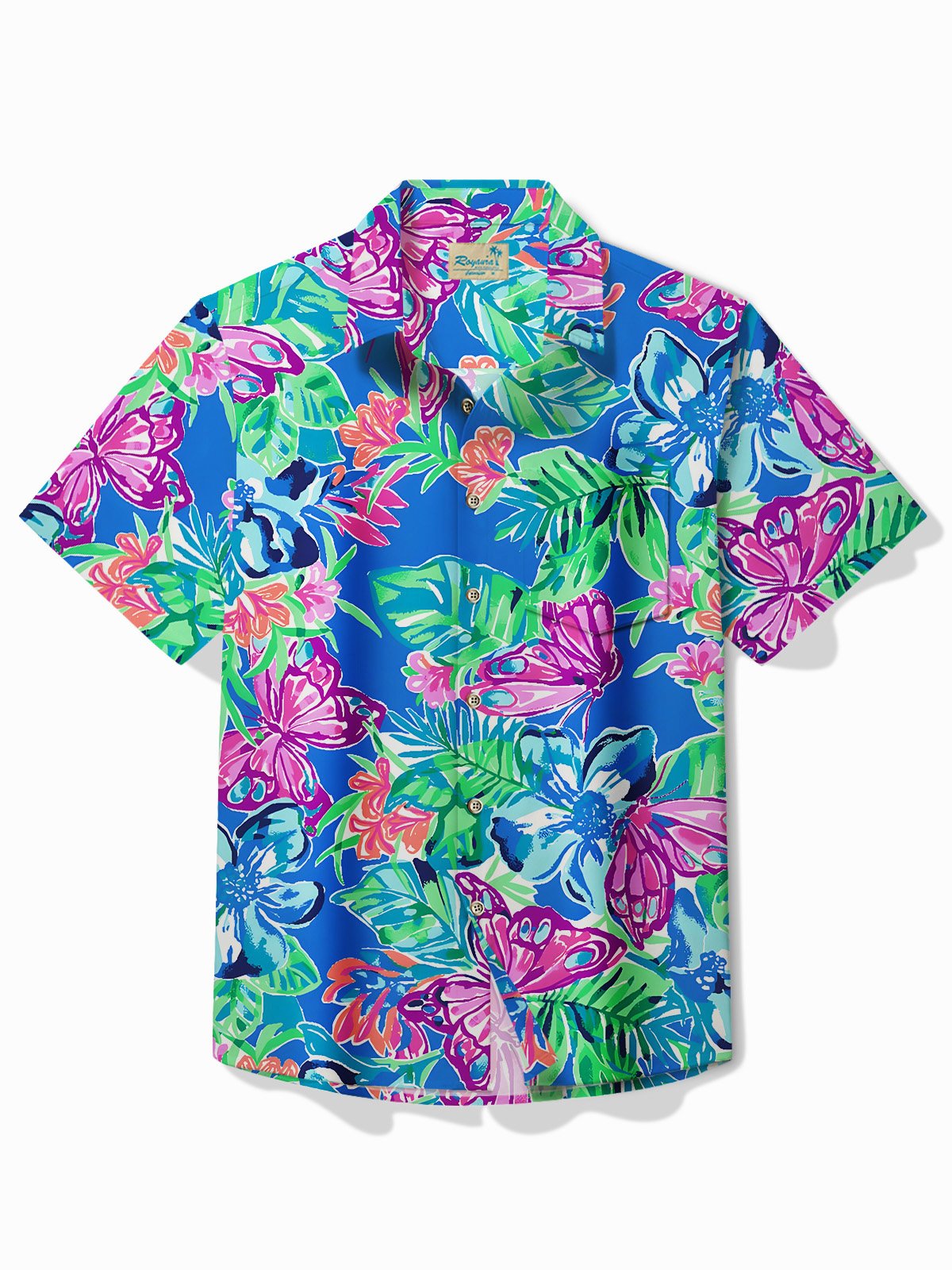 Royaura® Hawaiian Floral Art Butterfly Print Men's Button Pocket Short Sleeve Shirt