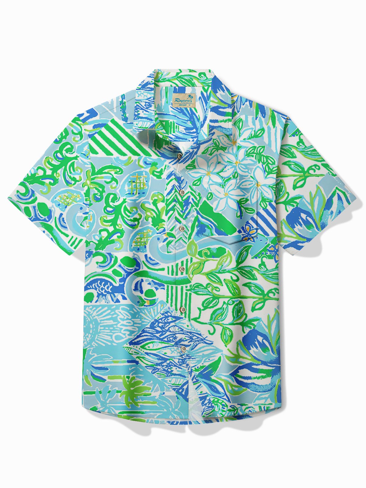 Royaura® Hawaiian Art Floral Print Men's Button Pocket Short Sleeve Shirt