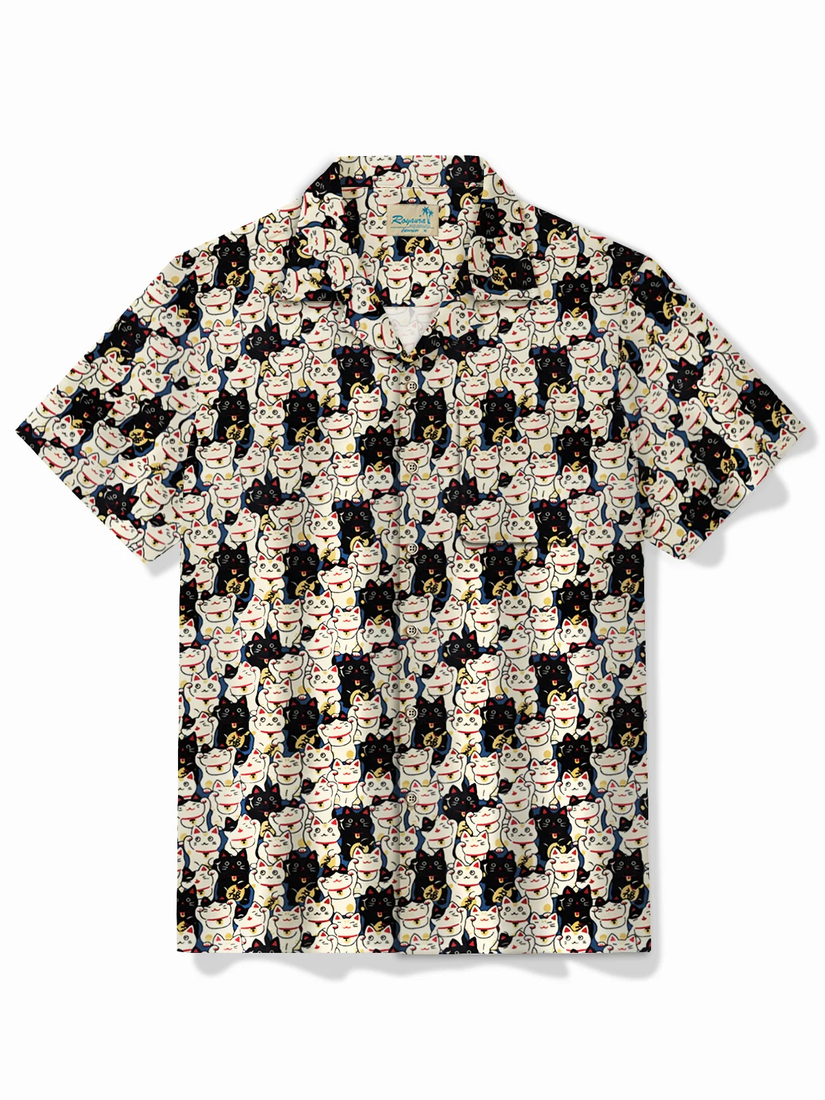 Royaura® Japanese Lucky Cat Print Men's Button Pocket Hawaiian Shirt
