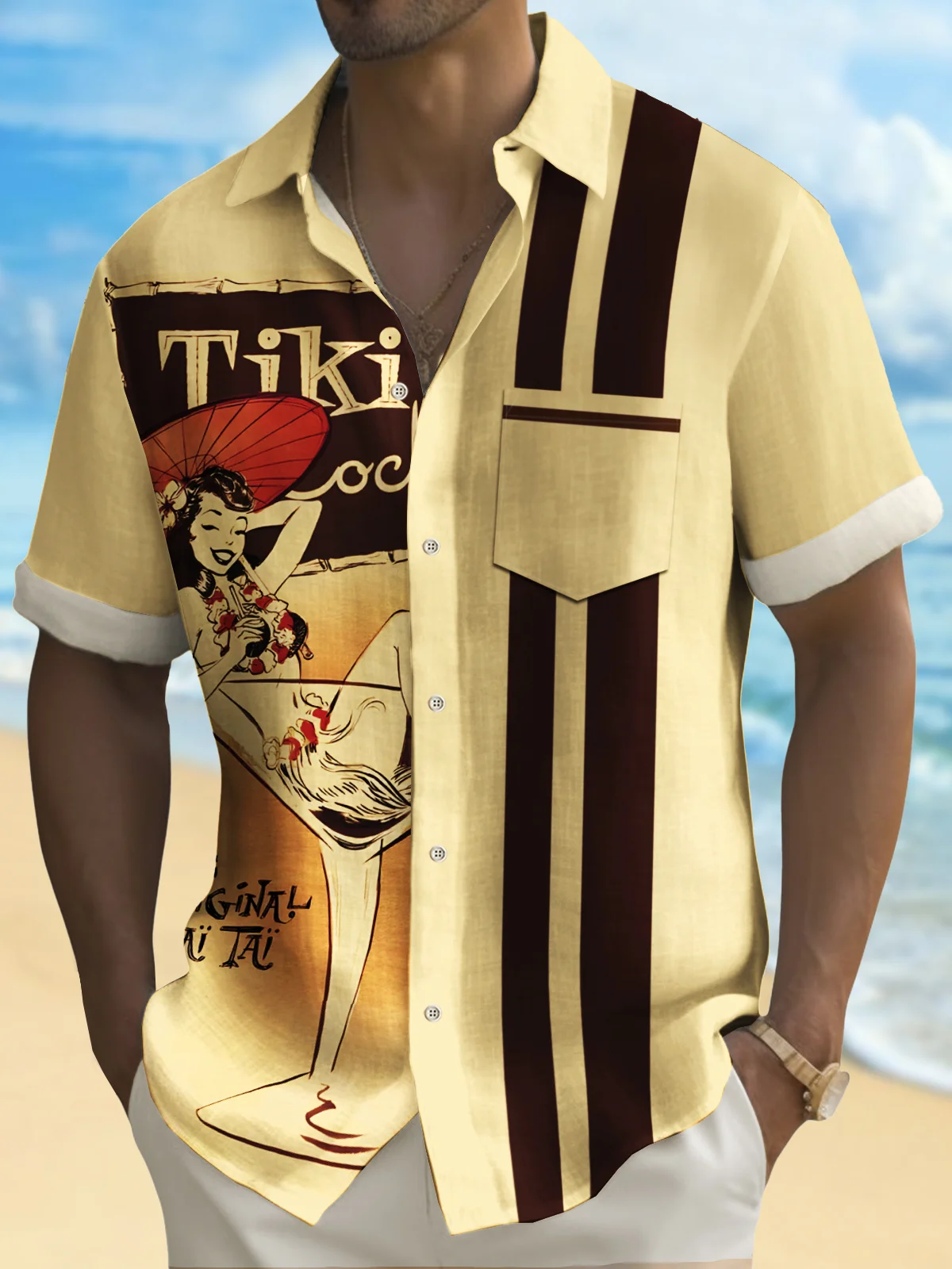 Royaura®  Vintage Bowling Men's Hawaiian Shirt Tiki Cocktail Print Pocket Camping Shirt