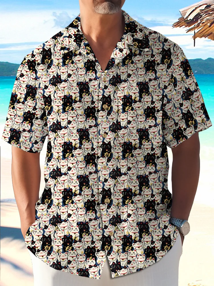 Royaura® Japanese Lucky Cat Print Men's Button Pocket Hawaiian Shirt