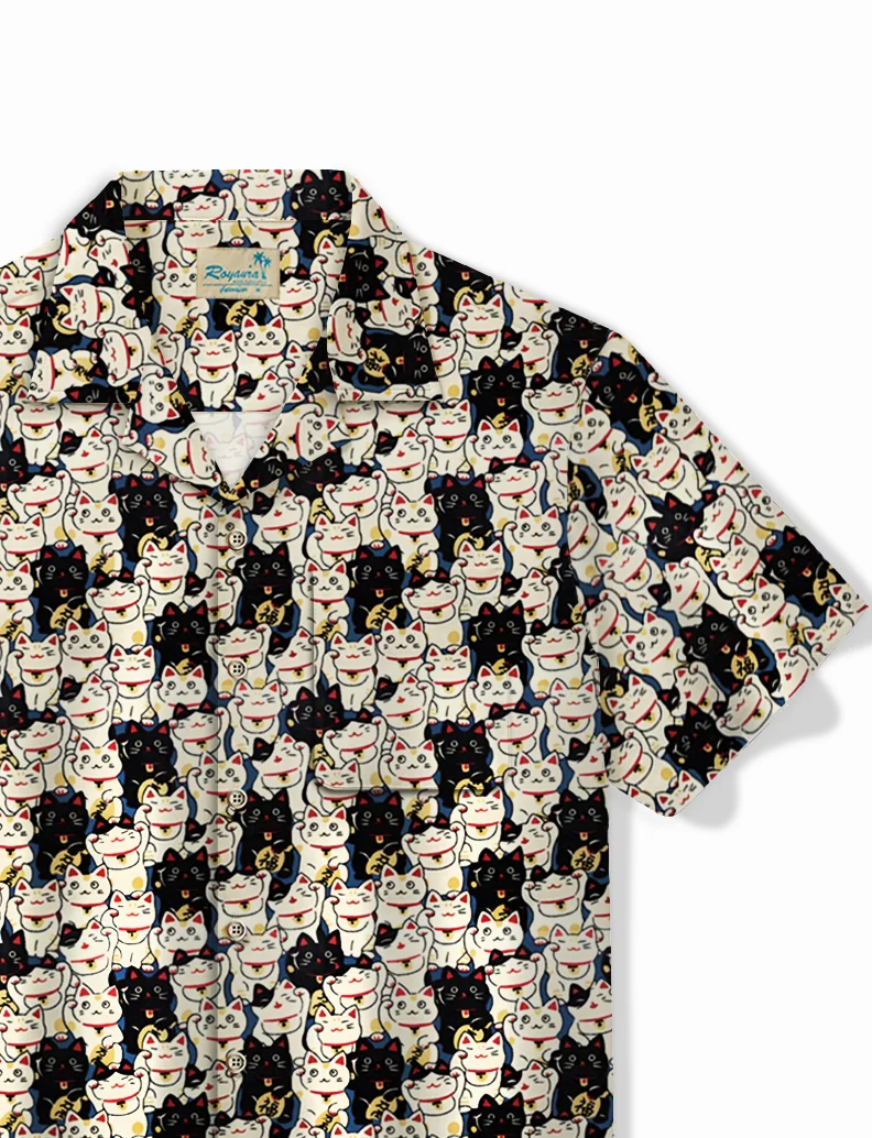 Royaura® Japanese Lucky Cat Print Men's Button Pocket Hawaiian Shirt