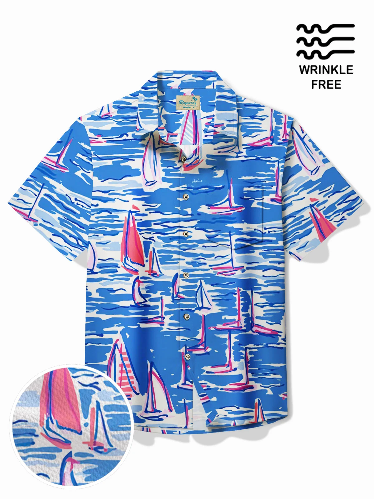 Royaura® Hawaiian Hand Painted Sailboat Print Men's Button Pocket Short Sleeve Shirt
