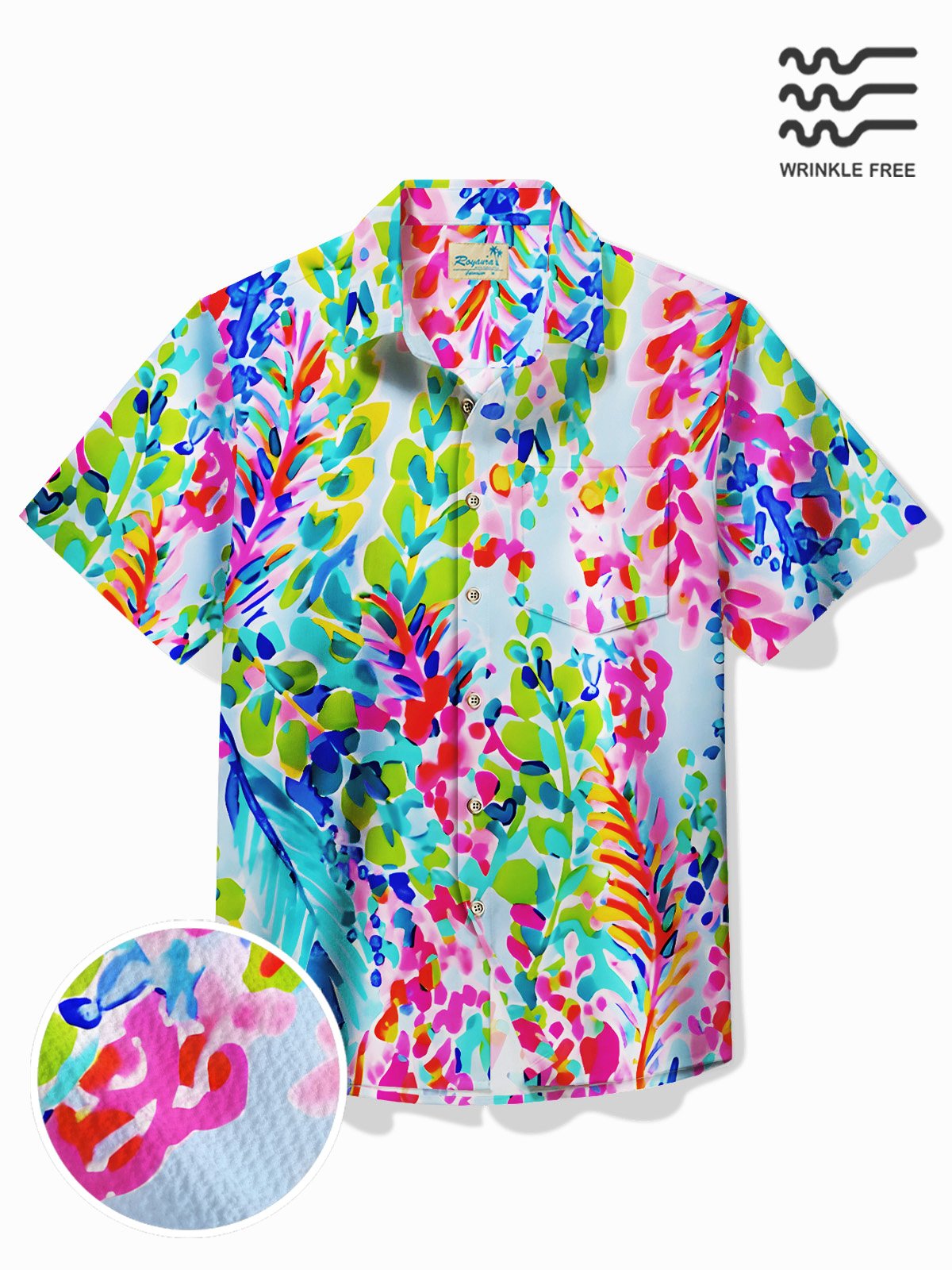 Beach Vacation Men's Hawaiian Shirt Artistic Floral Stretch Pocket Wrinkle Free Seersucker Camp Shirt Big Tall