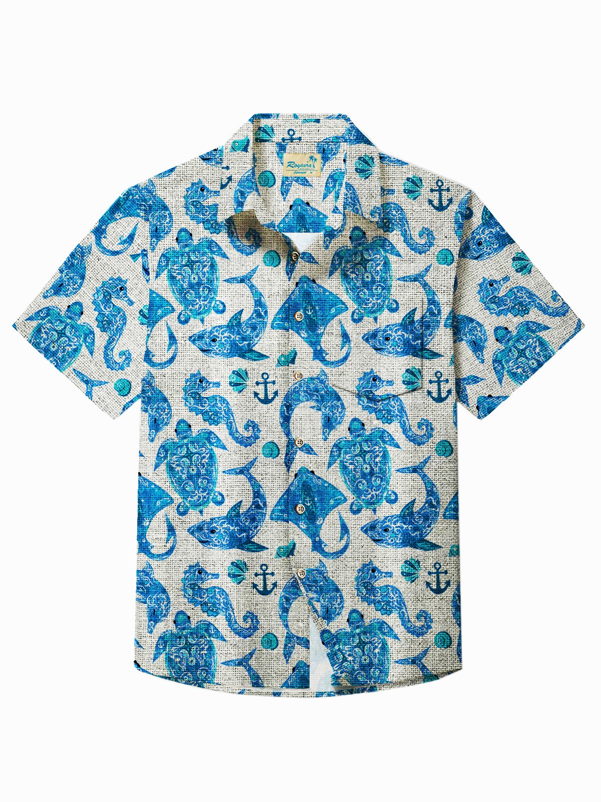 Royaura® Vintage Textured Marine Life Print Men's Button Pocket Short Sleeve Shirt
