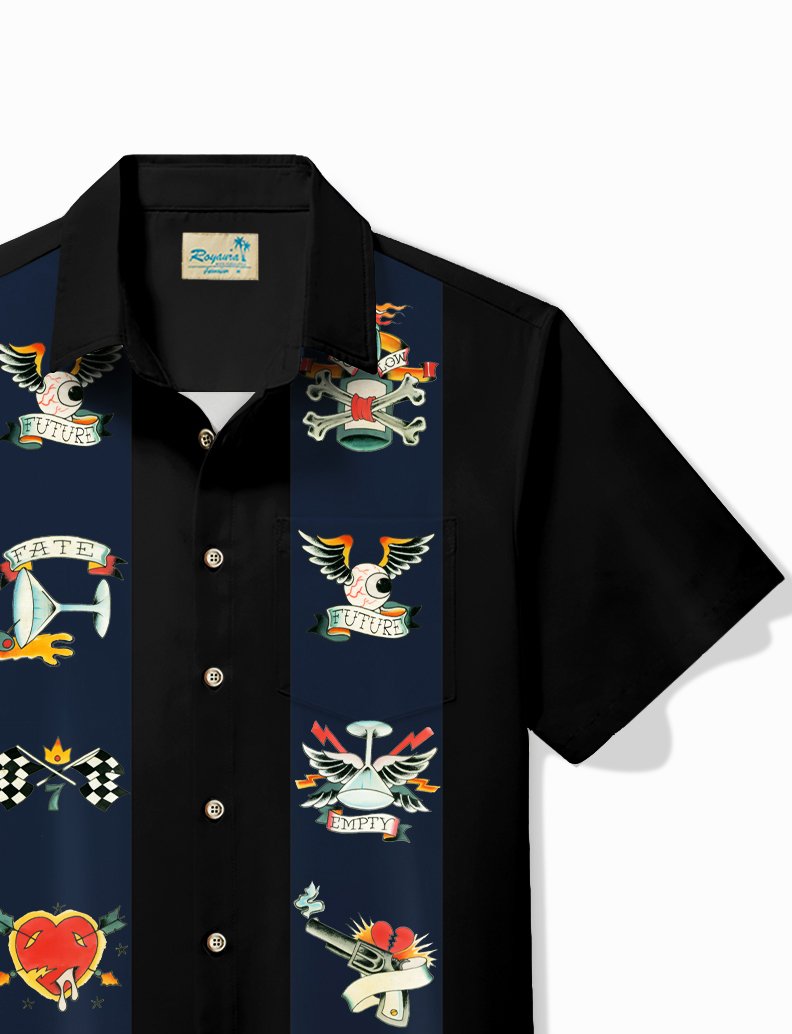 Royaura® Vintage Bowling Tattoo Designs Printed Chest Pocket Shirt Plus Size Men's Shirt