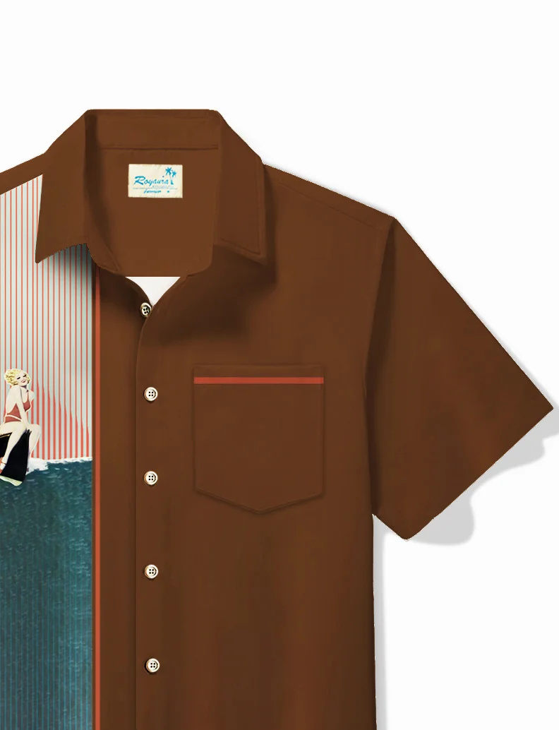 Royaura® Vintage Bowling  Pin Up Girl Printed Chest Pocket Shirt Large Size Men's Shirt