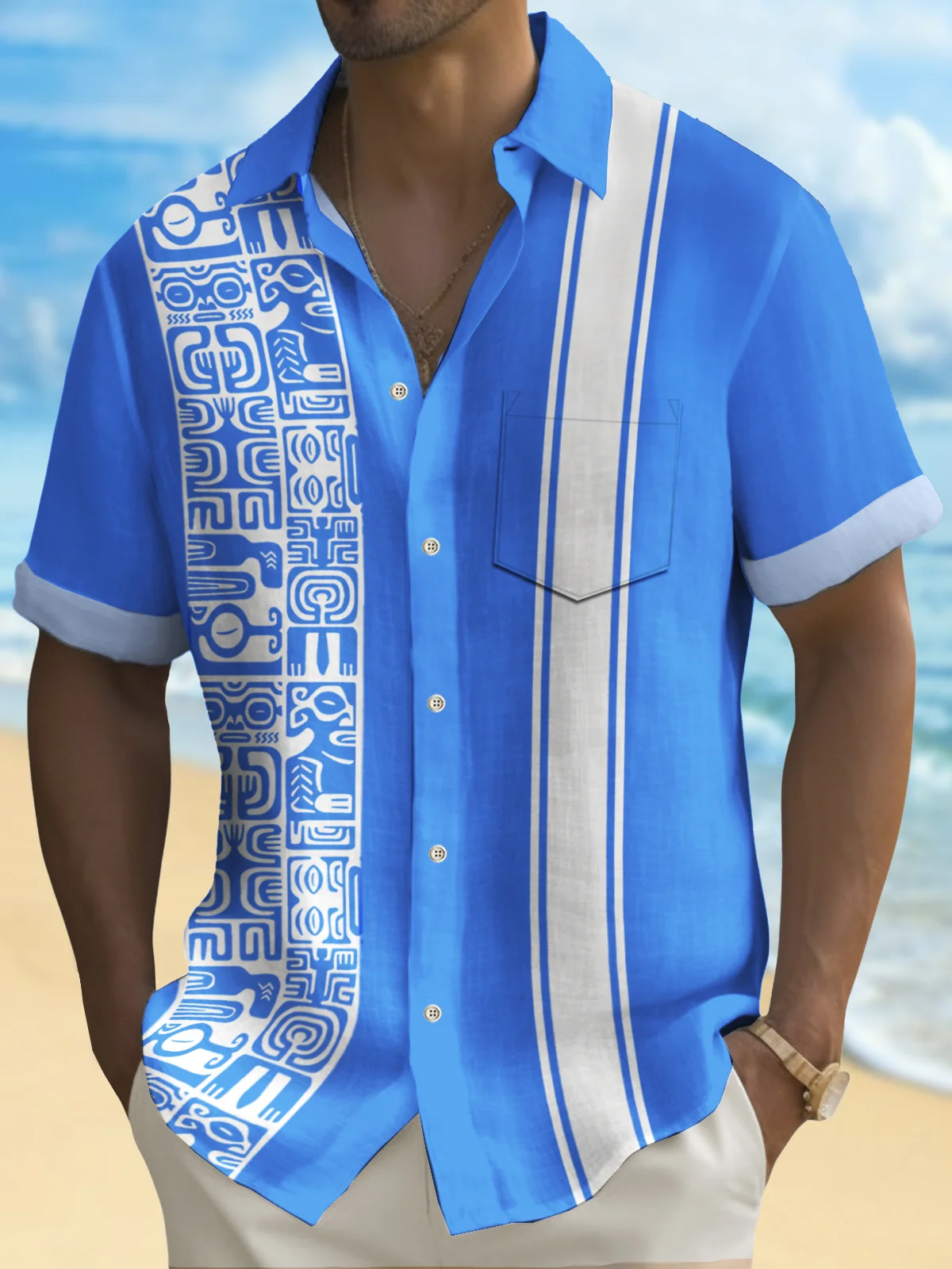 Royaura® Vintage Blue Hawaiian Beach Tiki Totem Print Bowling Men's Button Pocket Shirt