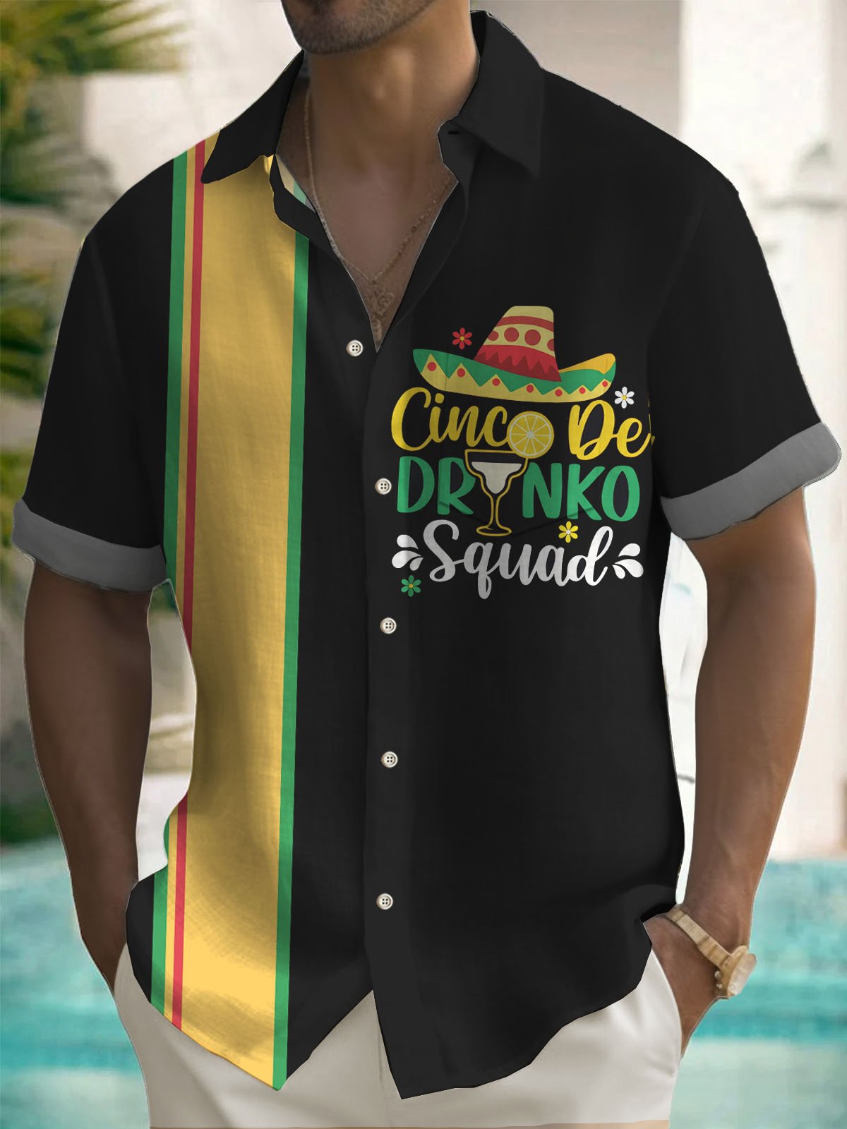 Royaura® Holiday Cinco de Mayo Cocktail Tequila Print Men's Button Pocket Short Sleeve Shirt