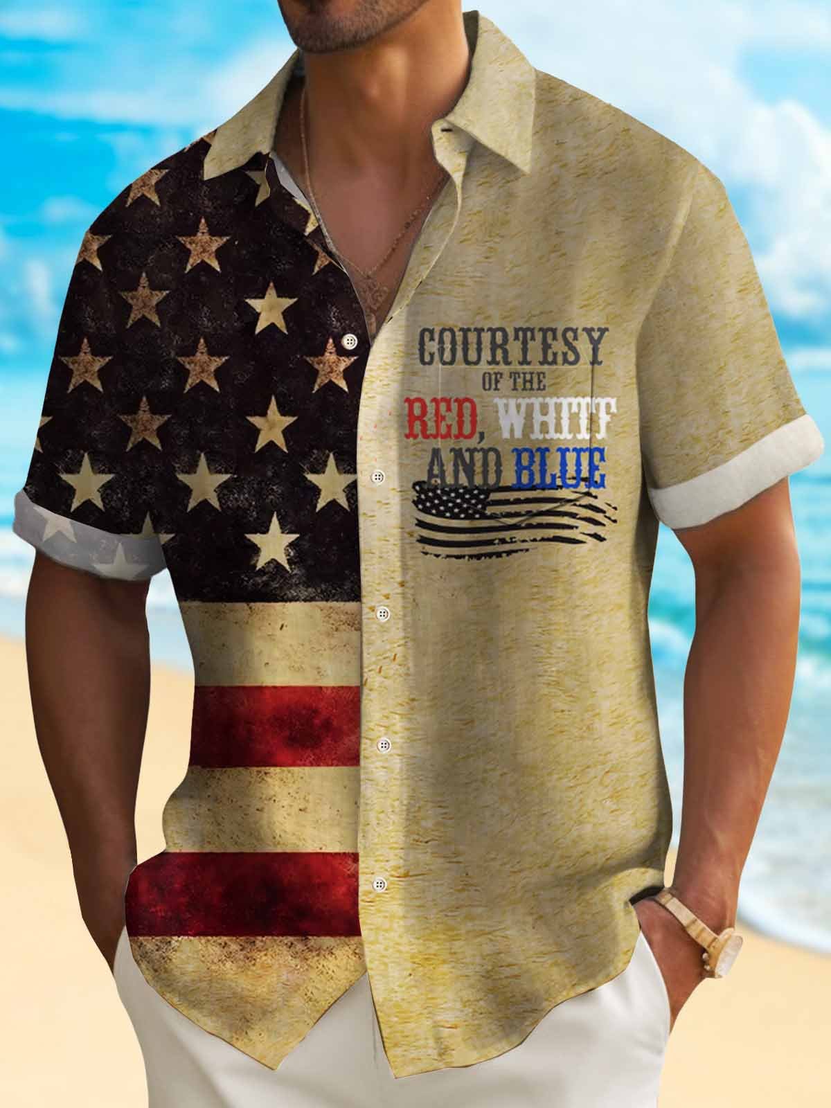 Royaura® Vintage American Flag Men's Shirt Stretch Quick-Drying Camp Outdoor Pocket Shirt Large Tall