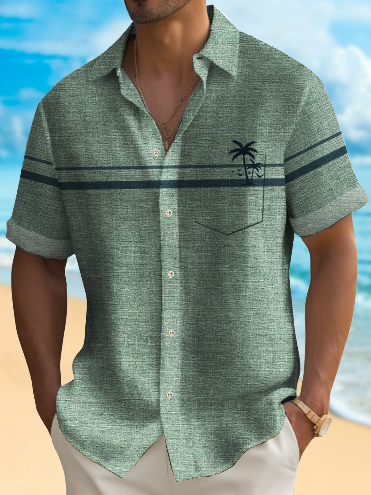 Royaura® Beach Vacation Coconut Tree Camp Shirt Pocket Breathable Comfortable Short Sleeve Shirt Big Tall