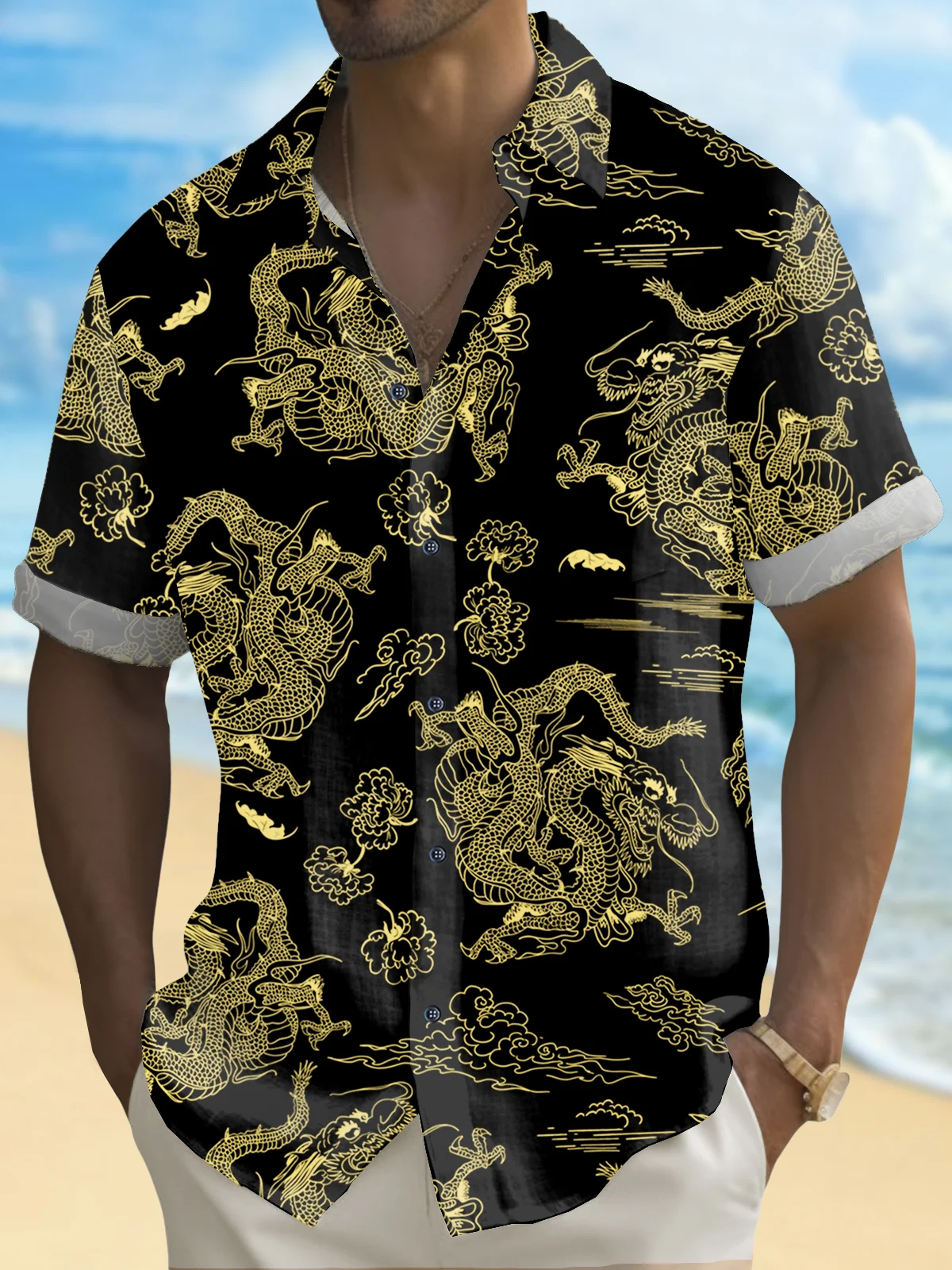 Royaura® Vintage Year of the Dragon Black Gold Dragon Print Men's Shirt Stretch Pocket Camping Shirt Big Tall