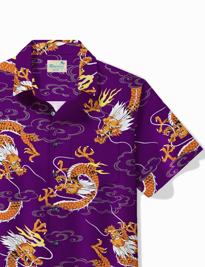 Royaura® Vintage Year of the Dragon Purple Dragon Print Men's Shirt Stretch Pocket Camping Shirt  Big Tall