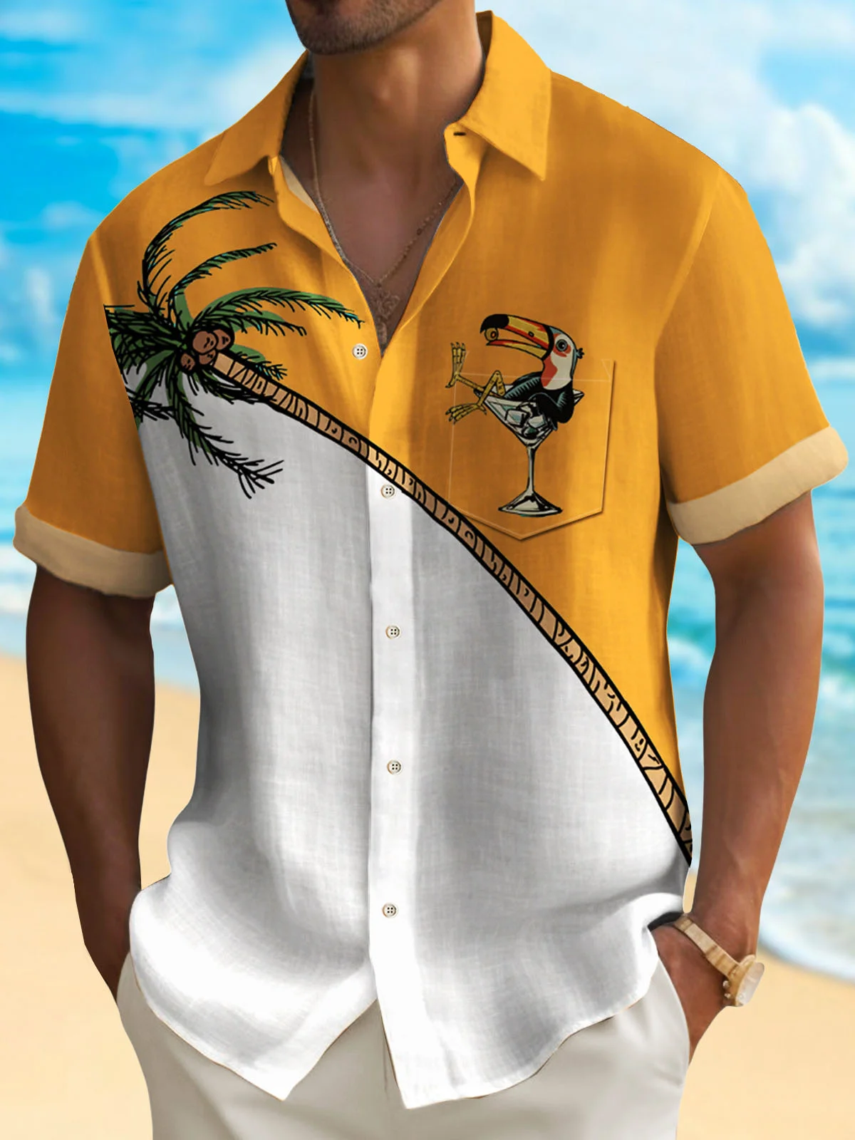 Royaura® Beach Holiday Coconut Tree Men's Hawaiian Shirt Wrinkle Free Seersucker Cocktail Toucan Pocket Camp Shirt Big Tall