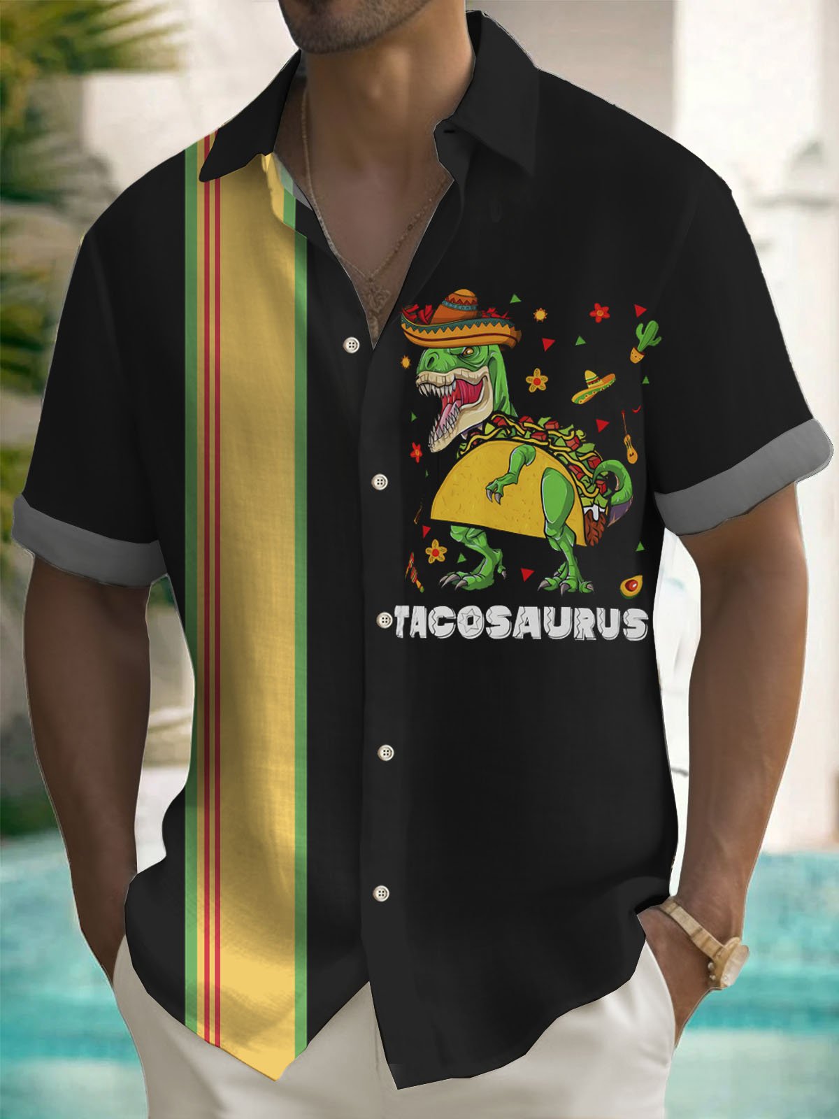 Royaura®Mexican Dinosaur Cinco de Mayo Print Men's Button Pocket Short Sleeve Shirt