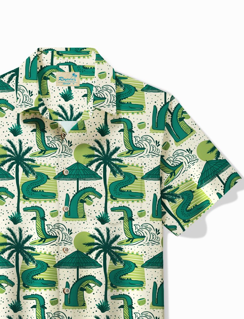 Royaura®  Holiday National Alligator Awareness Day Alligator Coconut Tree Print Men's Shirt Easy Care Camping Pocket Shirt Big Tall