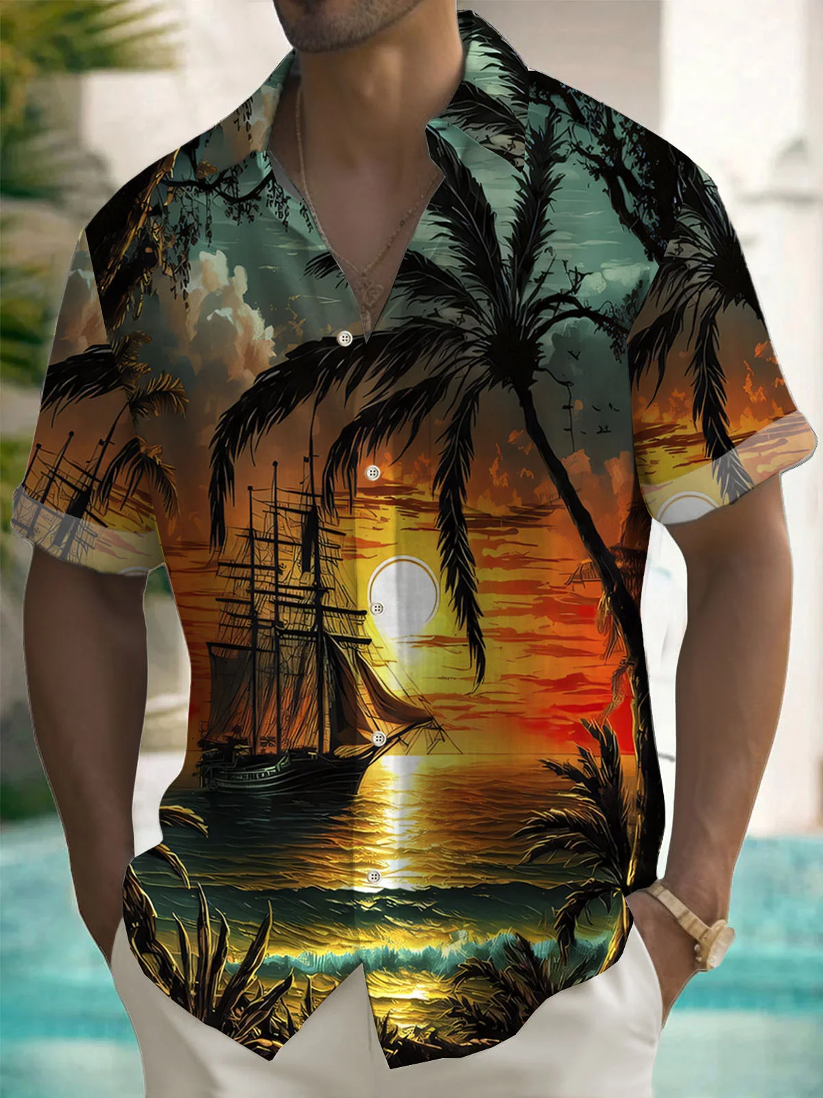Royaura®Hawaiian Coconut Tree Sunset Landscape Print Men's Button Pocket Short Sleeve Shirt