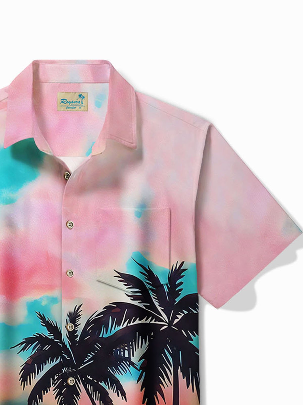Royaura®Hawaiian Gradient Coconut Tree Print Men's Button Pocket Short Sleeve Shirt