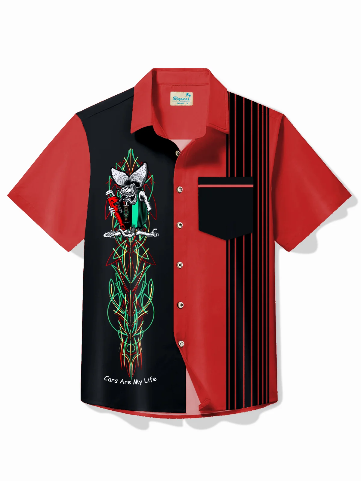 Royaura® Vintage Pinstripe Panel BowIing Printed Chest Pocket Shirt Large Size Men's Shirt