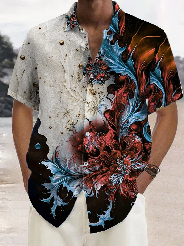 Royaura®  Vintage Floral Art Print Men's Button Pocket Short Sleeve Shirt