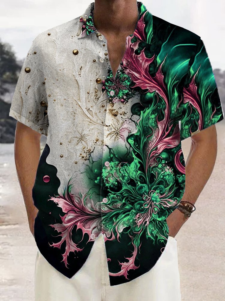 Royaura®  Vintage Floral Art Print Men's Button Pocket Short Sleeve Shirt