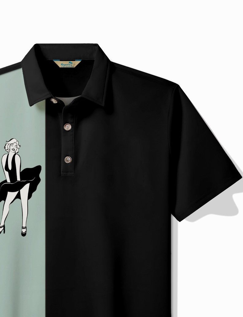 Royaura® Vintage Bowling Structure Cartoon Girl Print Men's Lapel Button Short Sleeve POLO Shirt