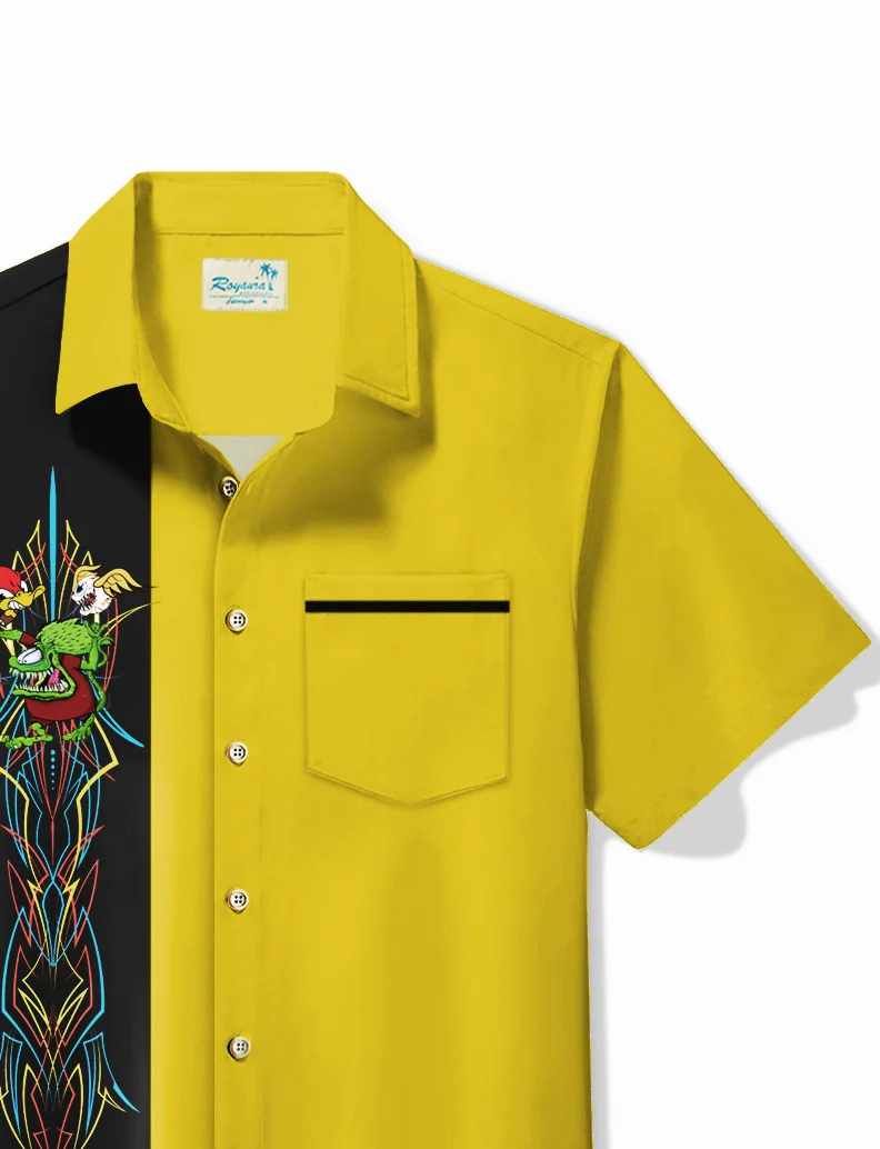 Royaura® Vintage Pinstripe flying eyeball Red Duck Panel BowLing Printed Chest Pocket Shirt Large Size Men's Shirt