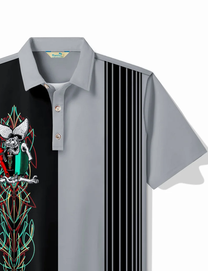 Royaura® Vintage Pinstripe Panel BowIing Men's Lapel Button Short Sleeve POLO Shirt