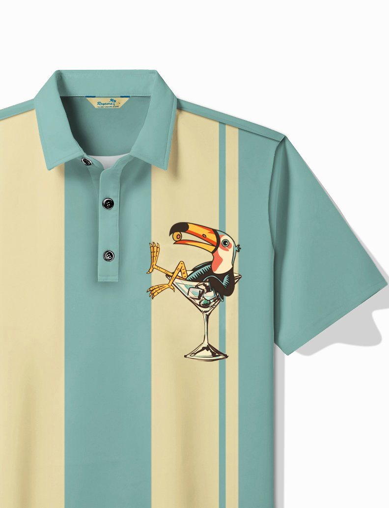 Royaura® Vintage Bowling Toucan Cocktail Print Men's Lapel Button Short Sleeve POLO Shirt