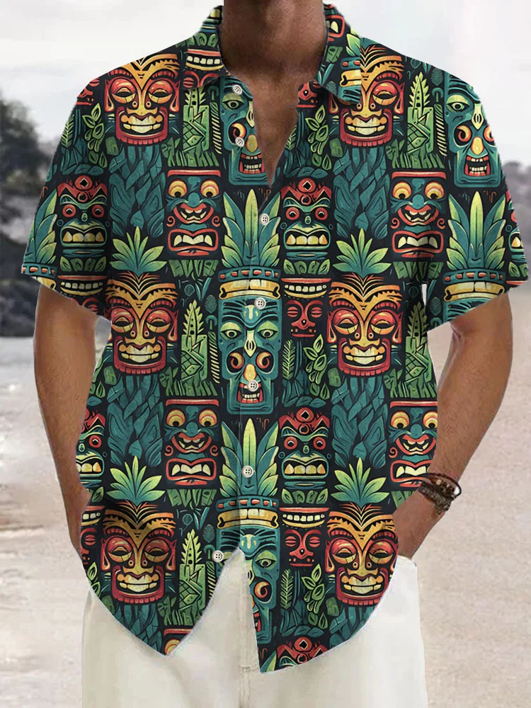 Royaura® Hawaiian Tiki Botanical Print Men's Button Pocket Short Sleeve Shirt