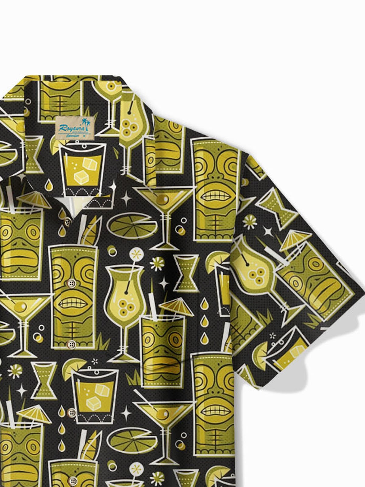 Royaura®Hawaiian Tiki Tequila Print Men's Button Pocket Short Sleeve Shirt