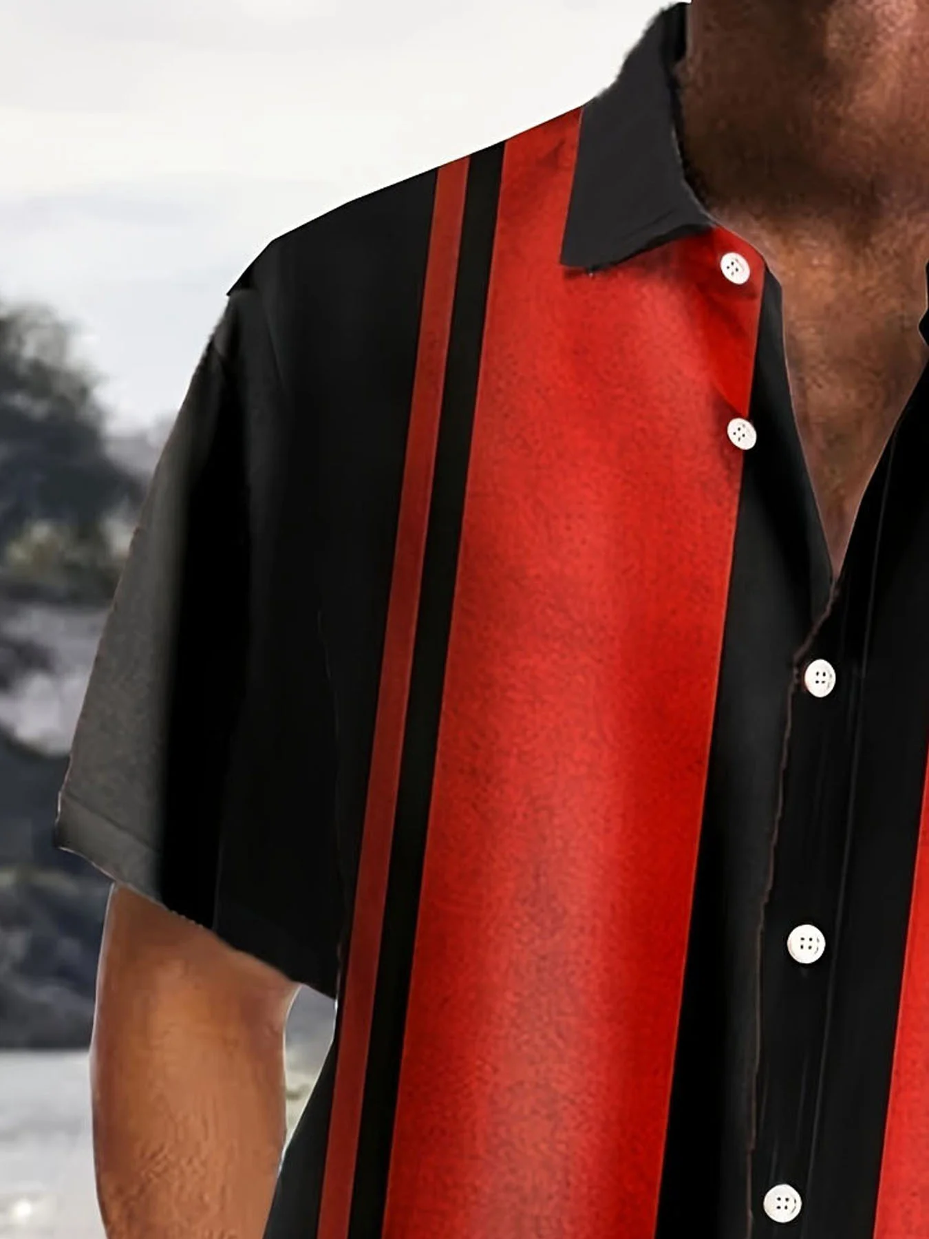 Royaura®Retro Bowling Stripe Contrast Print Men's Button Pocket Short Sleeve Shirt