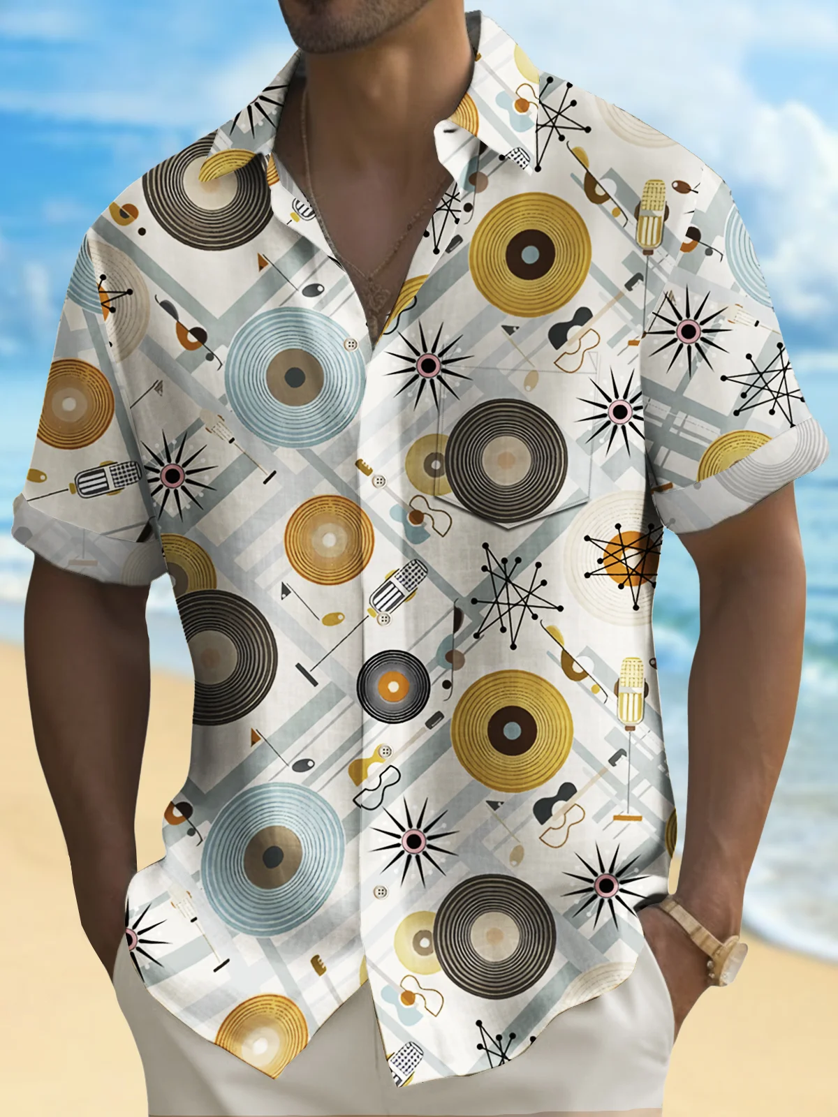 Royaura® Vintage Men's Musical Geometric Print Hawaiian Shirt Oversized Stretch Aloha Shirt