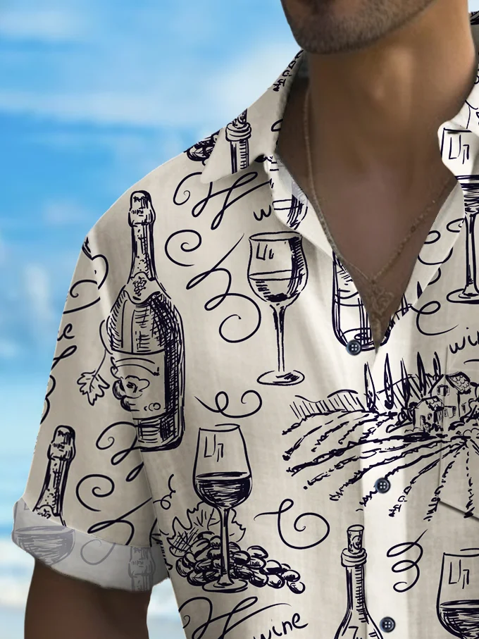 Royaura® National Wine Day Wine Line Print Men's Button Pocket Shirt