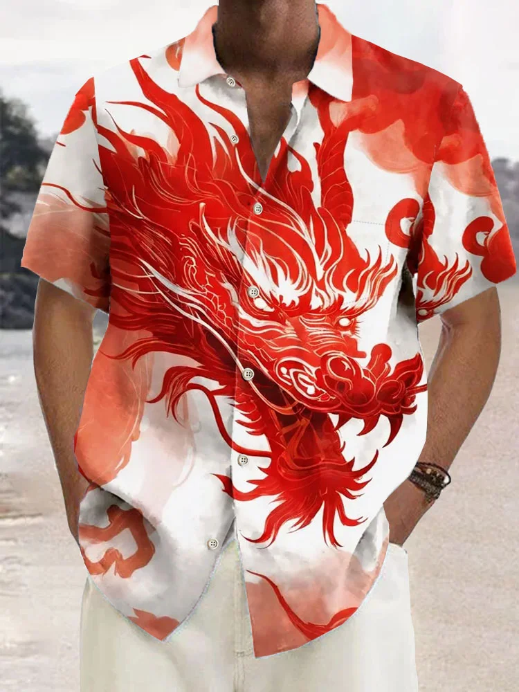 Royaura®Vintage Dragon Print Men's Button Pocket Short Sleeve Shirt