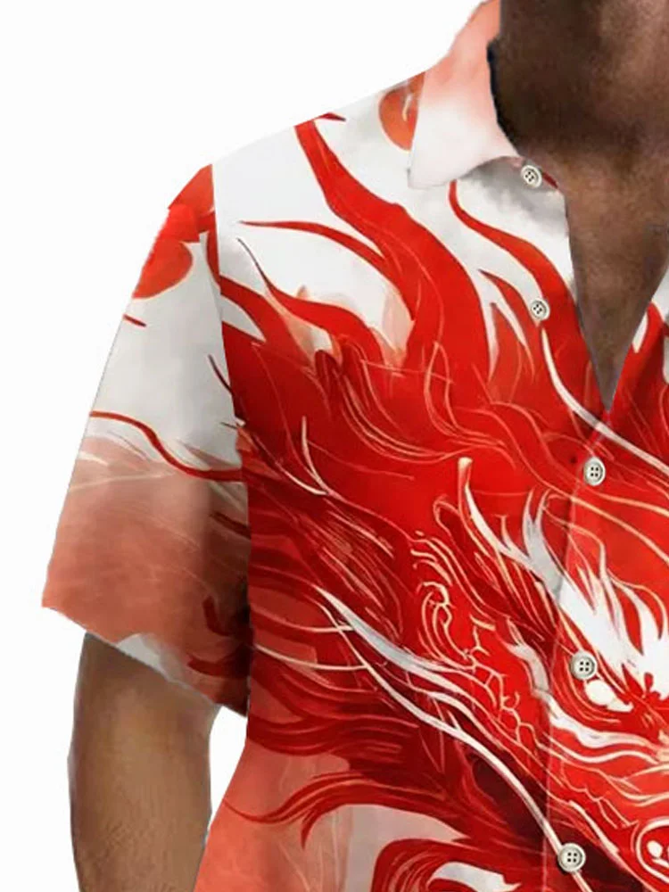 Royaura®Vintage Dragon Print Men's Button Pocket Short Sleeve Shirt