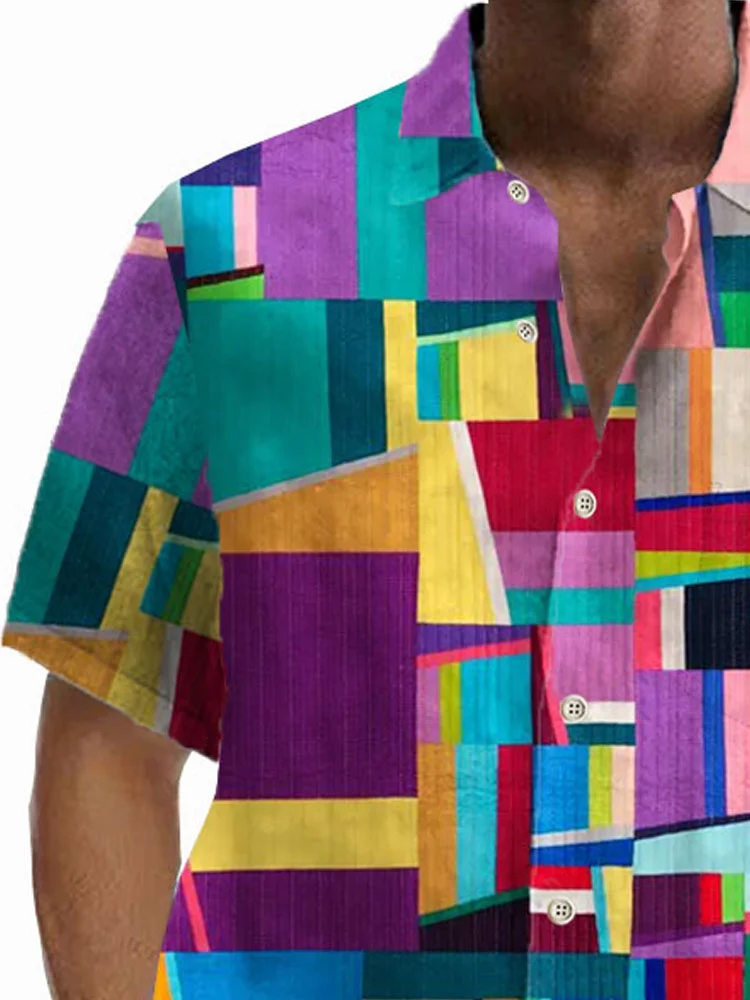 Royaura®Hawaiian Color Block Print Men's Button Pocket Short Sleeve Shirt