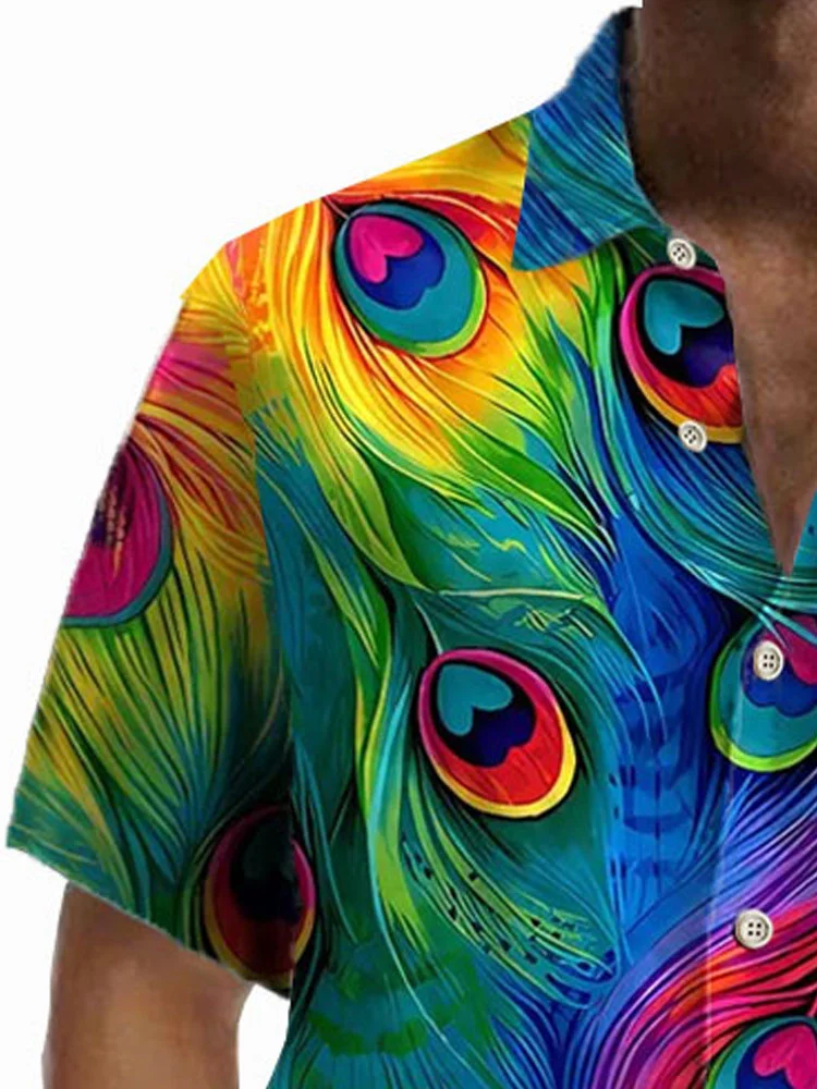 Royaura®Hawaiian Peacock Feather Print Men's Button Pocket Short Sleeve Shirt