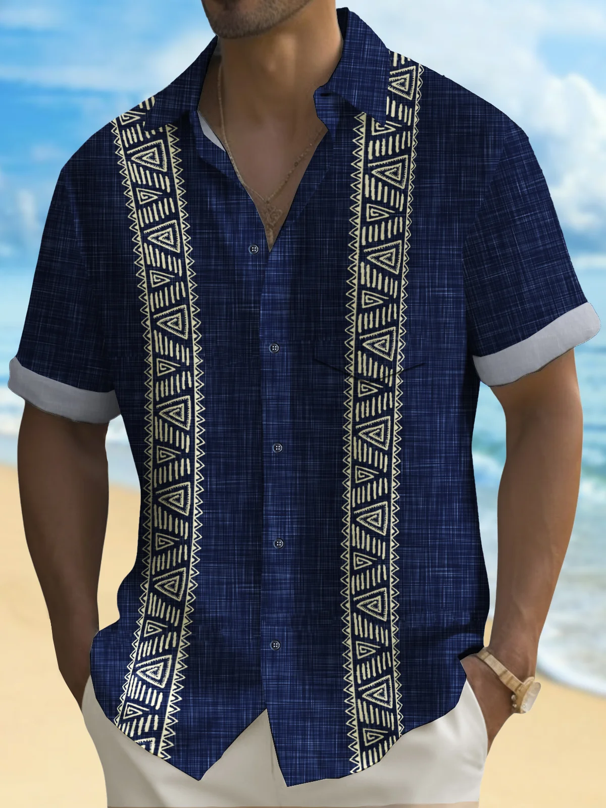 Royaura® Vintage Bowling Men's Hawaiian Shirt Stripe Print Guayabera Pocket Camping Shirt