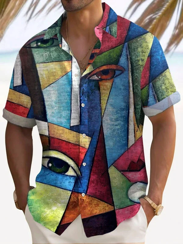 Royaura®Vintage Art Oil Painting Print Men's Button Up Short Sleeve Shirt