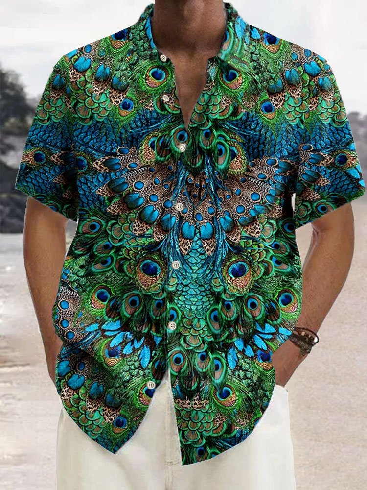 Royaura®Hawaiian Peacock Print Men's Button Pocket Short Sleeve Shirt