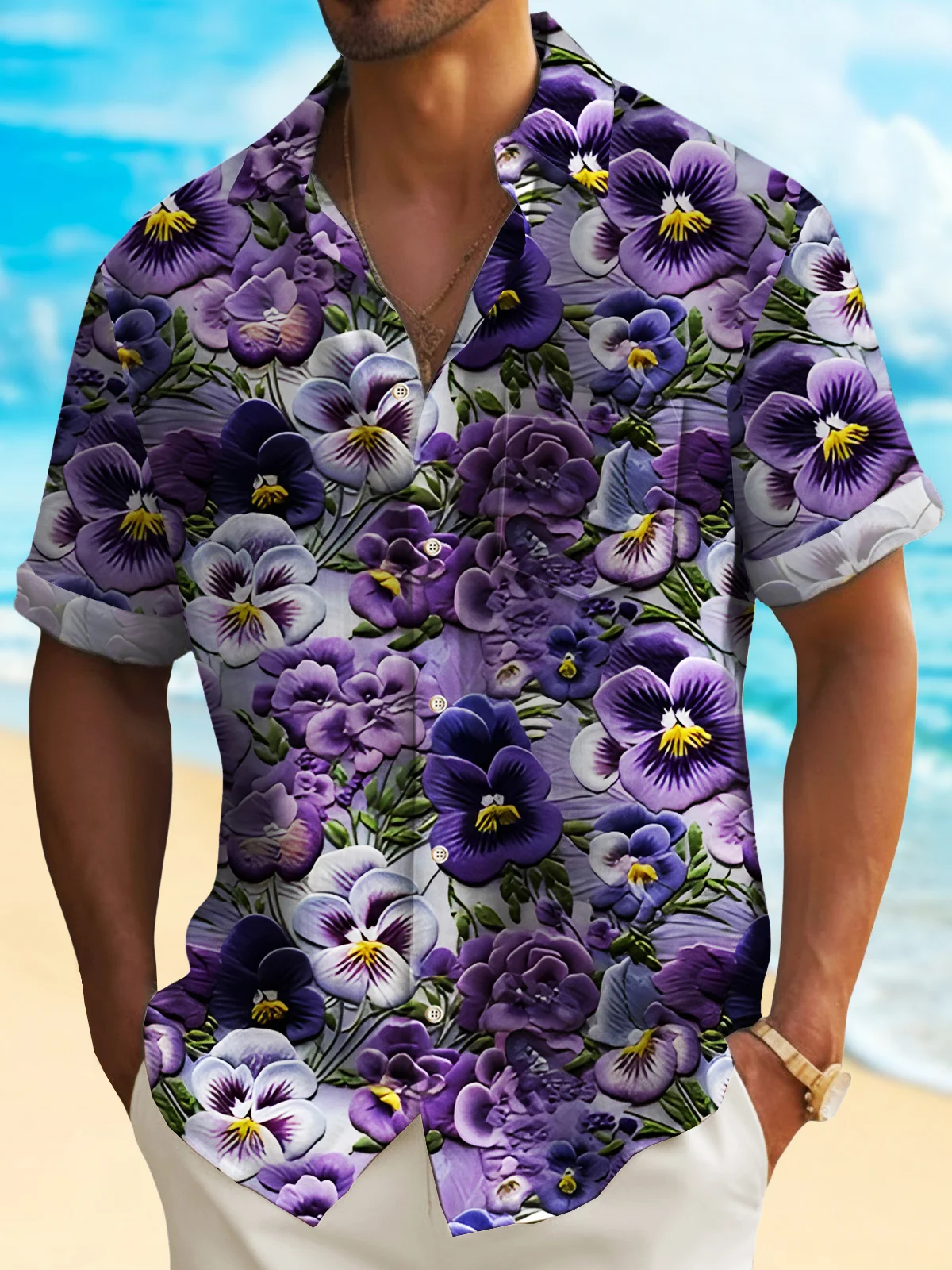 Royaura® Vacation Wild Pansy Floral Men's Hawaiian Shirt Seersucker Wrinkle Free Easy Care Camp Pocket Shirt Big Tall