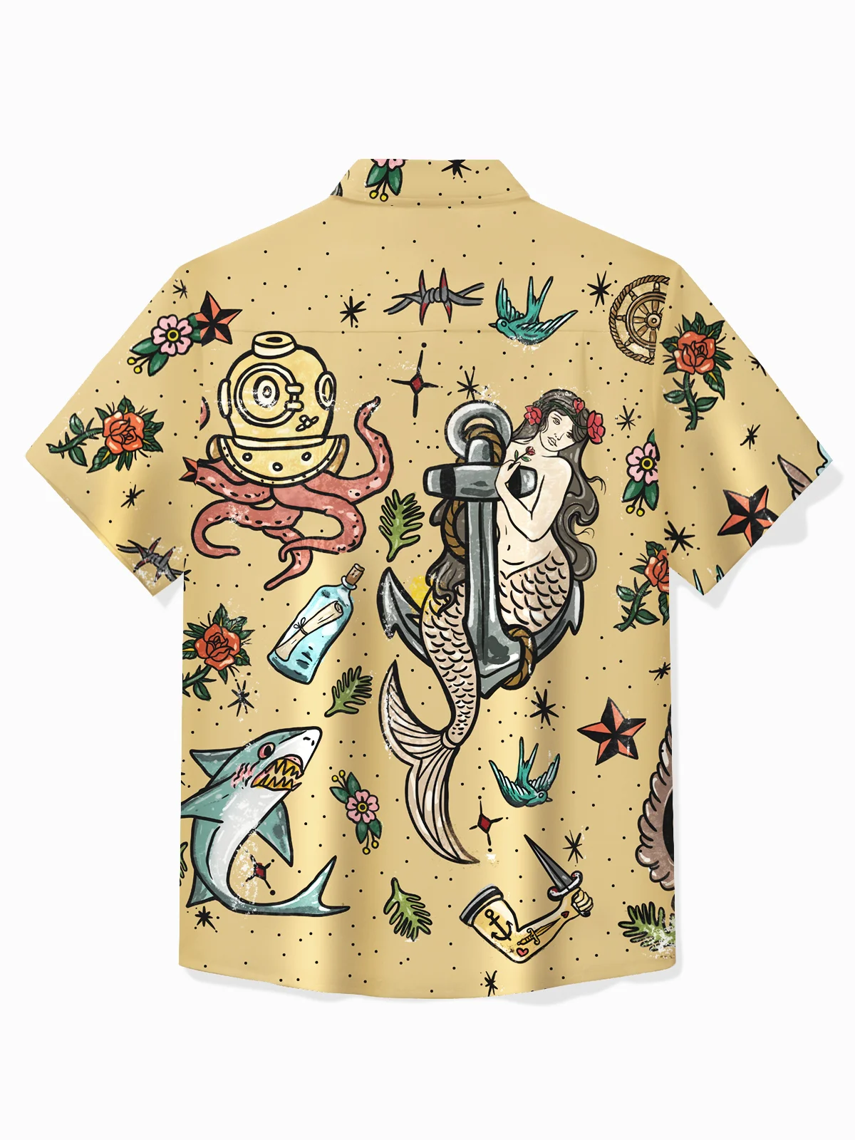 Royaura® Vintage Mermaid Tattoo Print Stretch Quick Drying Camping Outdoor Pocket Shirt