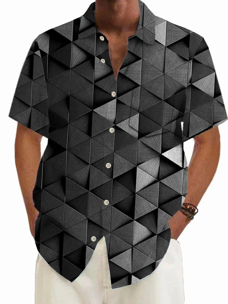 Royaura®Retro Geometric 3D Print Men's Button Pocket Short Sleeve Shirt