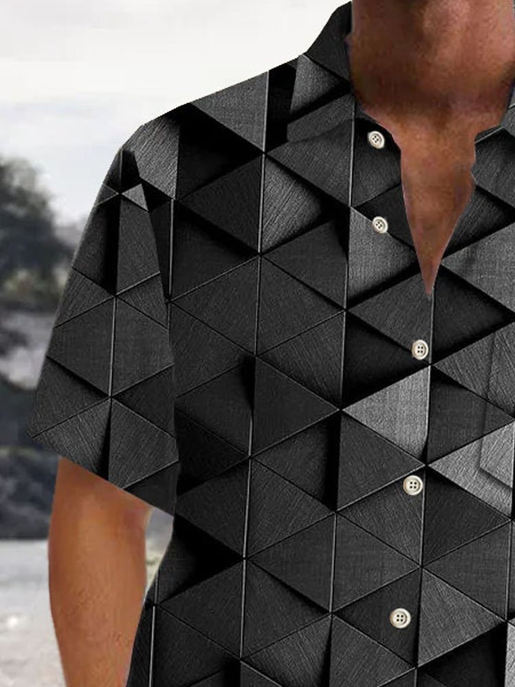 Royaura®Retro Geometric 3D Print Men's Button Pocket Short Sleeve Shirt